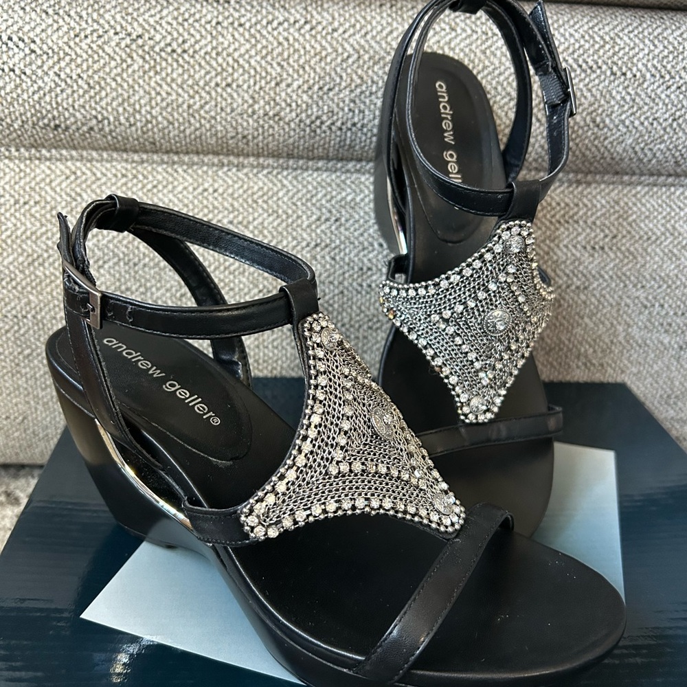 Andrew Geller Black Wedge Sandals with Rhinestone Embellishments, size 6 1/2